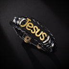 Two-Tone Jesus Charm Bracelet on Black Braided Leather