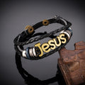 Two-Tone Jesus Charm Bracelet on Black Braided Leather