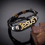 Two-Tone Jesus Charm Bracelet on Black Braided Leather
