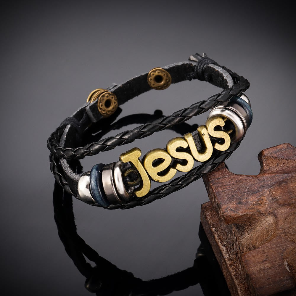 Two-Tone Jesus Charm Bracelet on Black Braided Leather