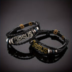 Two-Tone Jesus Charm Bracelet on Black Braided Leather