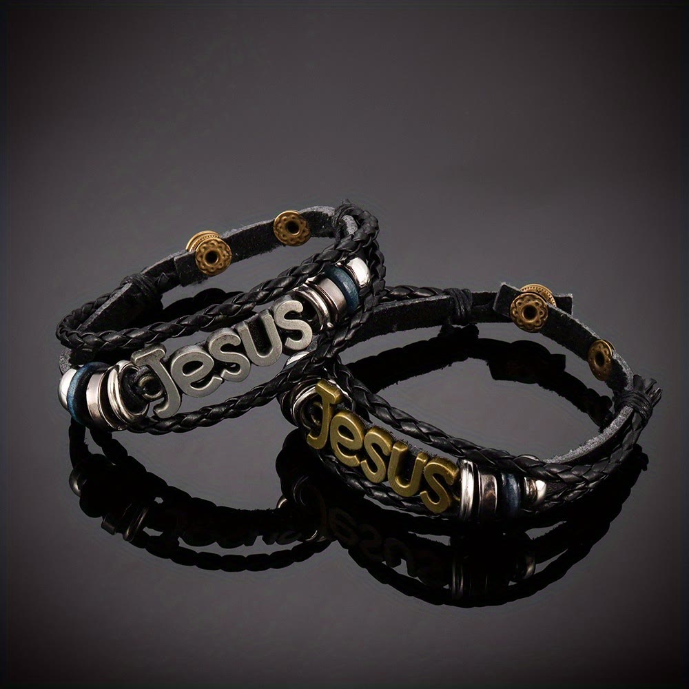 Two-Tone Jesus Charm Bracelet on Black Braided Leather