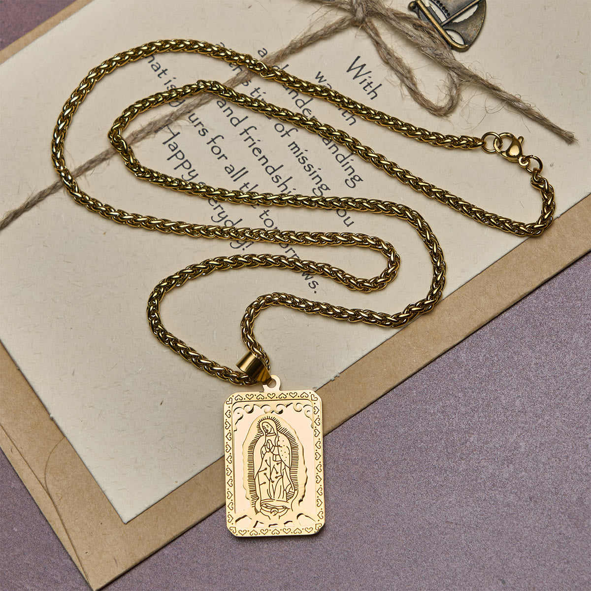 Our Lady of Guadalupe Pendant Necklace with Heart-Edged Charm