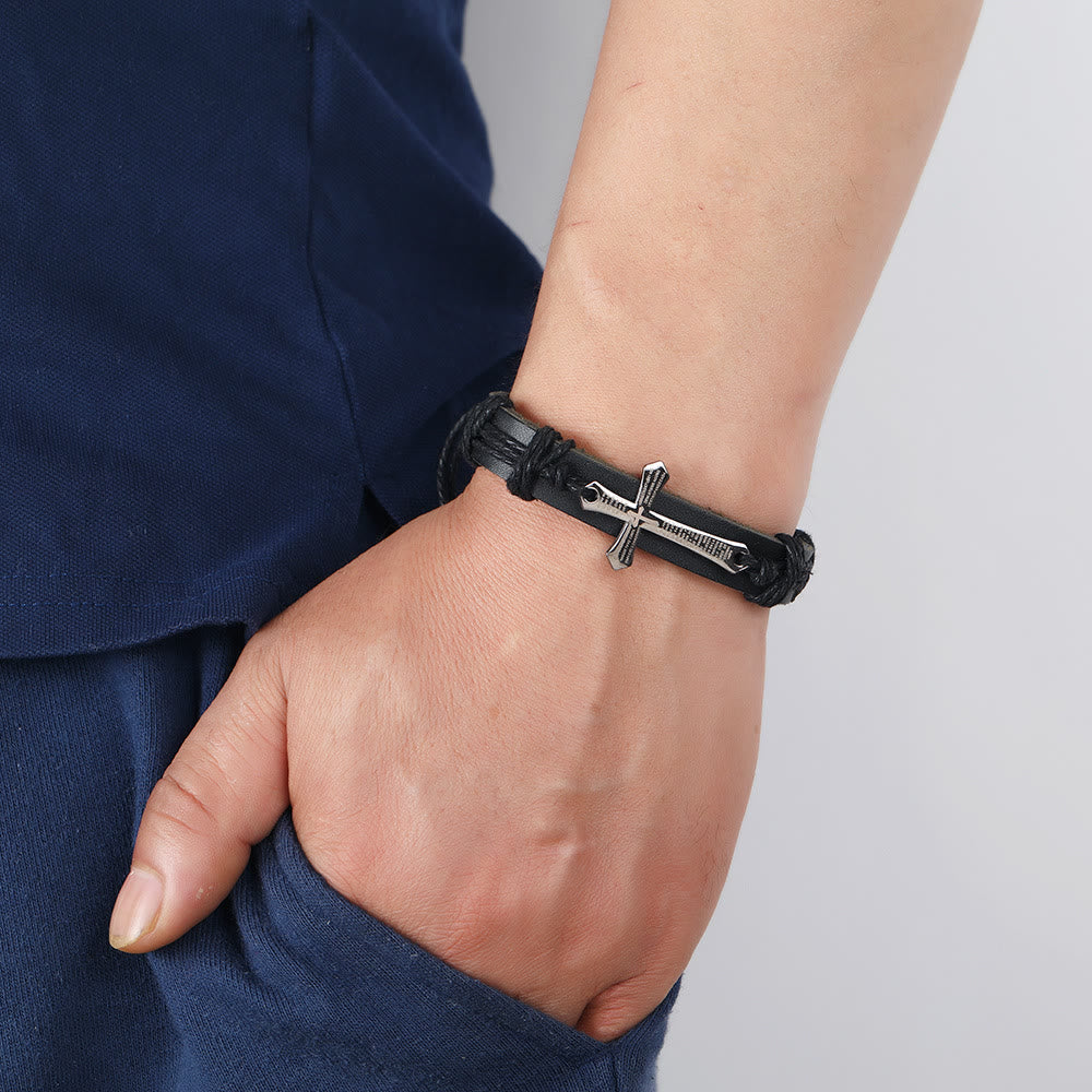 Rugged Faith Wrap Vintage Knot Cross with Scripture Bracelet in Black