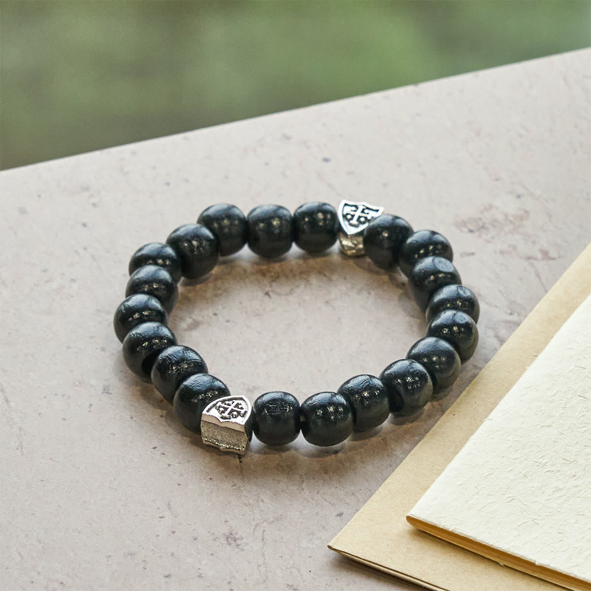 Black Wooden Prayer Handmade Bracelet with Dual Jerusalem Cross