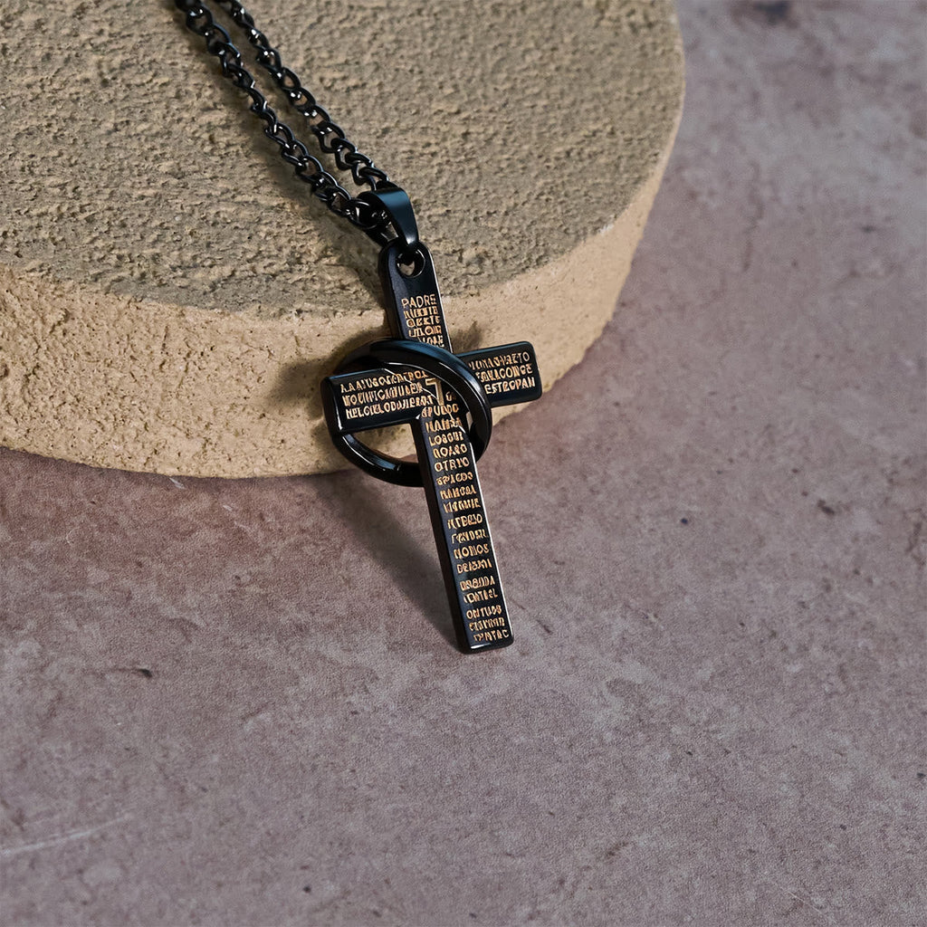 Lord's Prayer with Interlocking Ring Cross Pendant Necklace