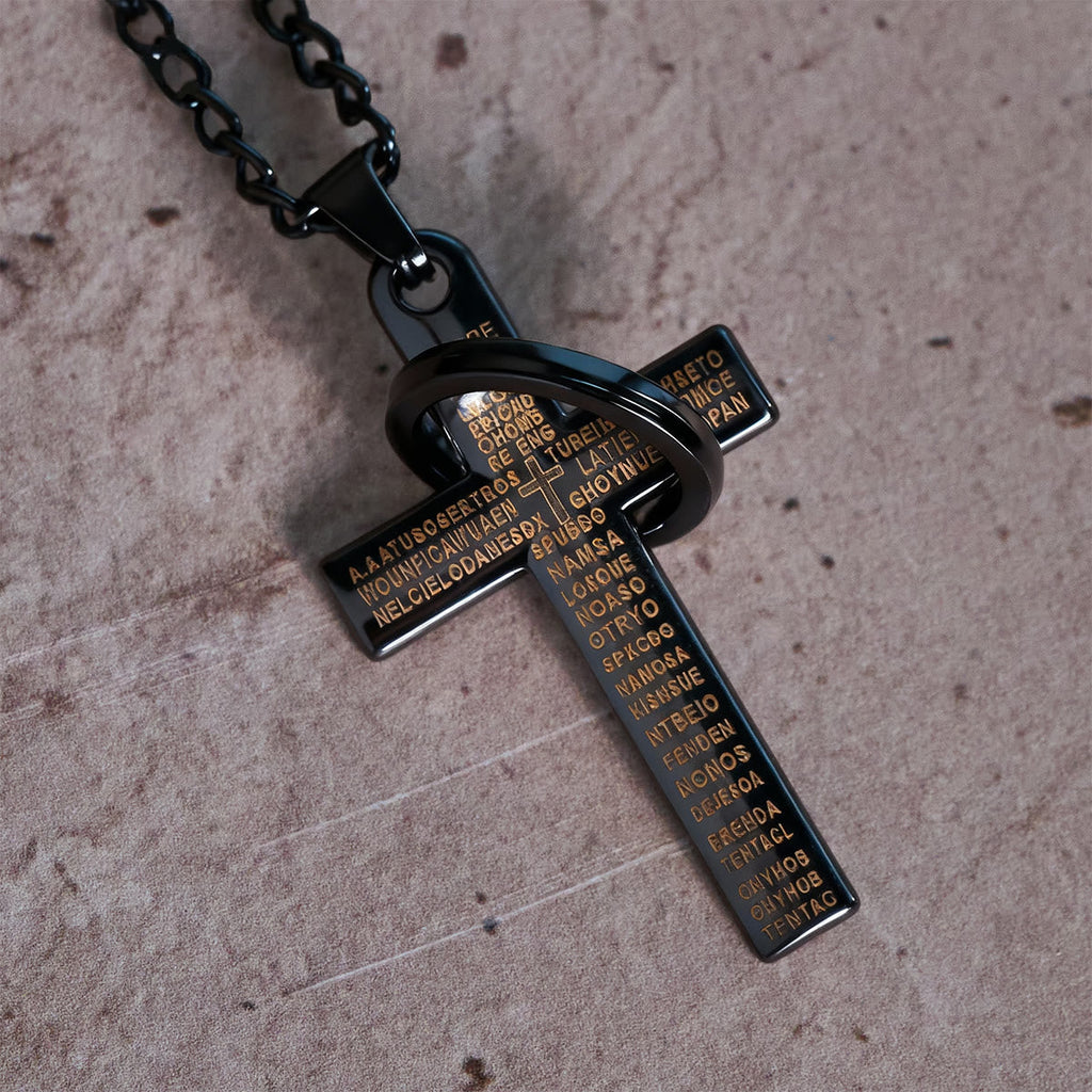 Lord's Prayer with Interlocking Ring Cross Pendant Necklace