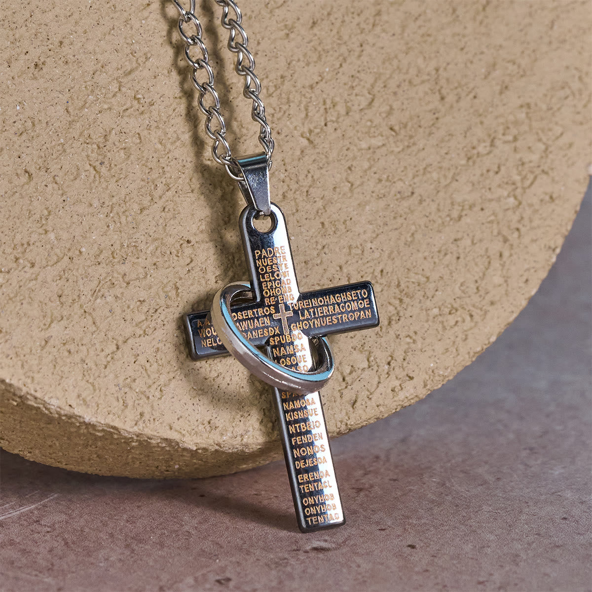 Lord's Prayer with Interlocking Ring Cross Pendant Necklace