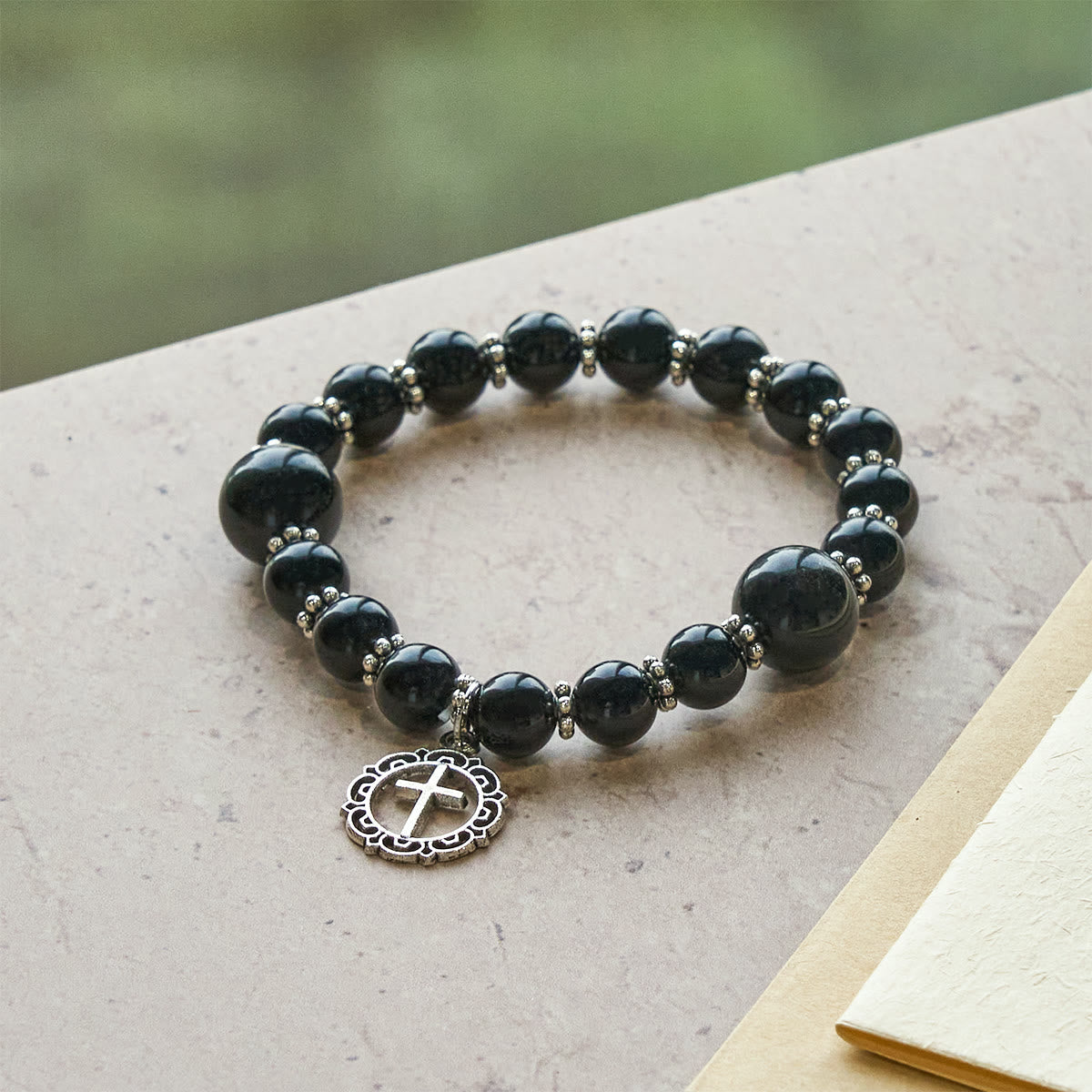 Spiritual Armor Black Obsidian Bracelet with Cross Charm