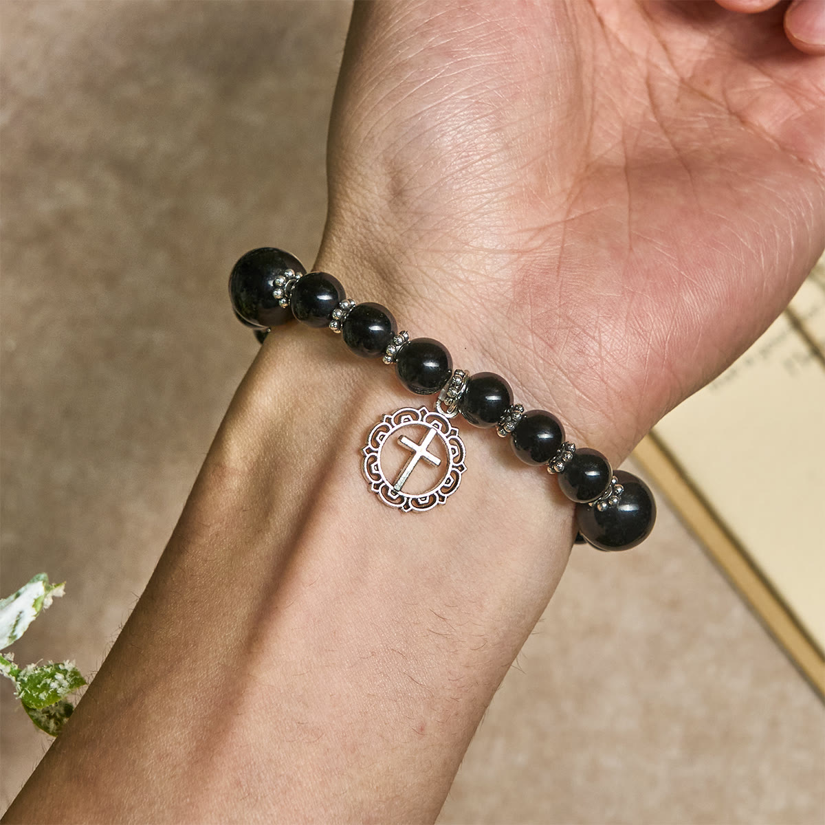 Spiritual Armor Black Obsidian Bracelet with Cross Charm