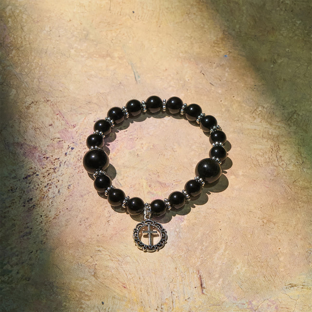 Spiritual Armor Black Obsidian Bracelet with Cross Charm