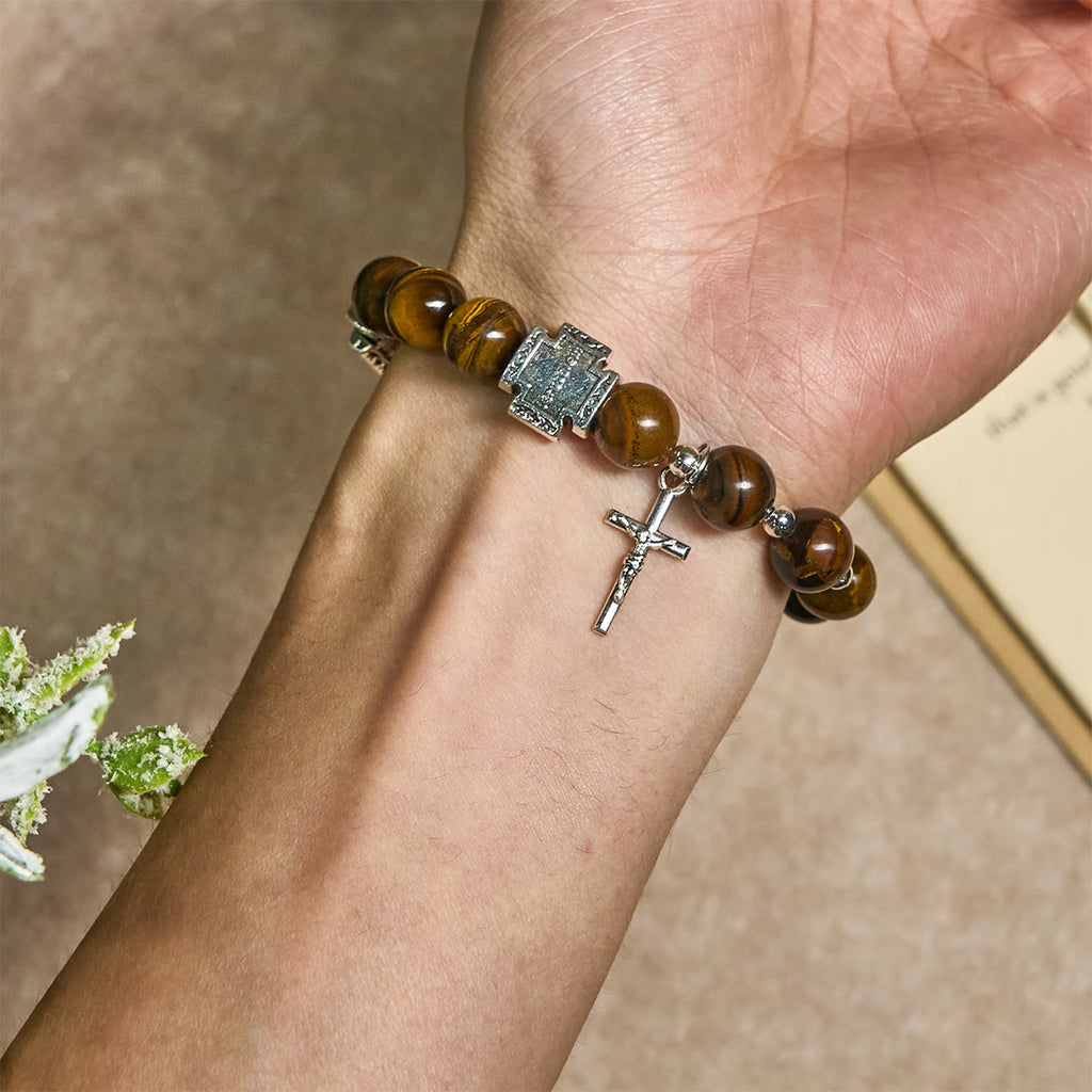 Courage in Christ Tiger Eye Stone Bracelet with Cross Charm