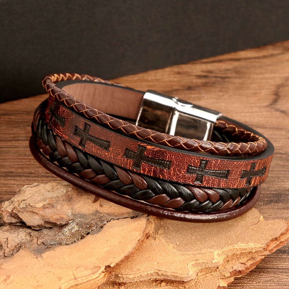 Braided Leather Cross Bracelet