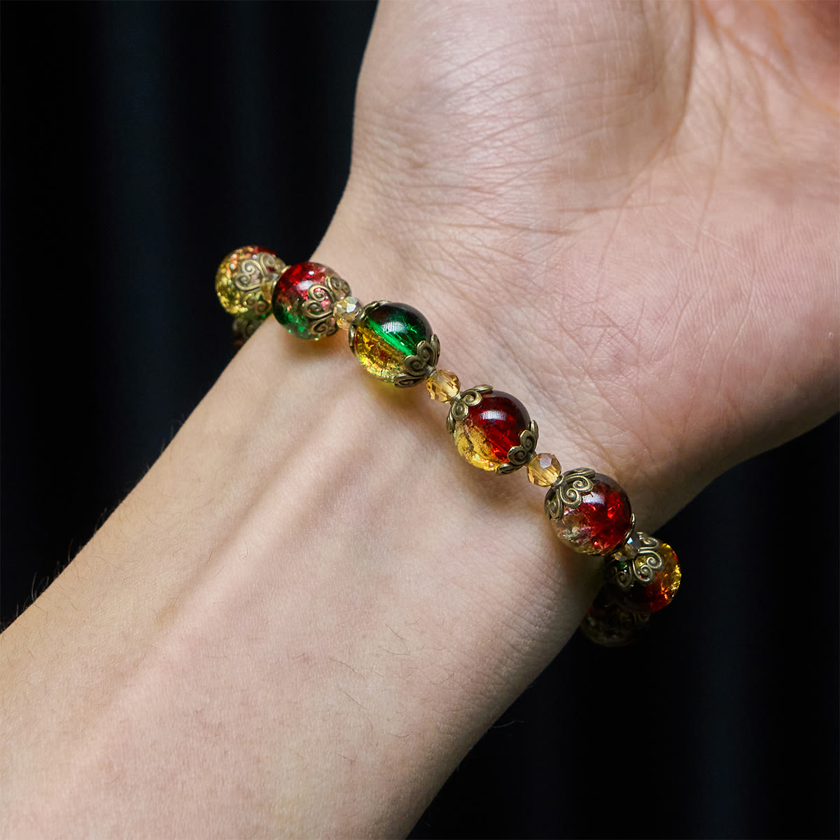 Christmas Glory Red-Green-Gold Glass Bead Bracelet