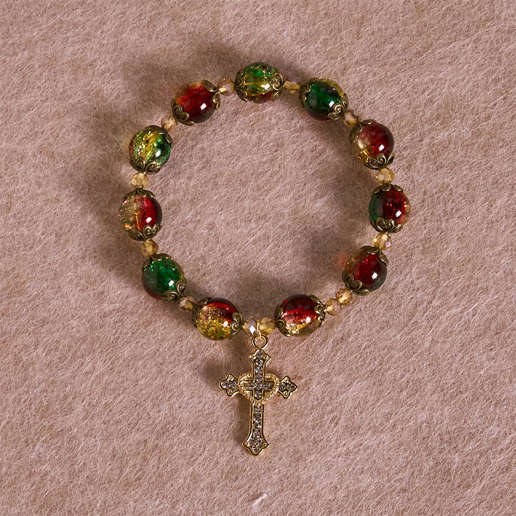Christmas Glory Red-Green-Gold Glass Bead Bracelet