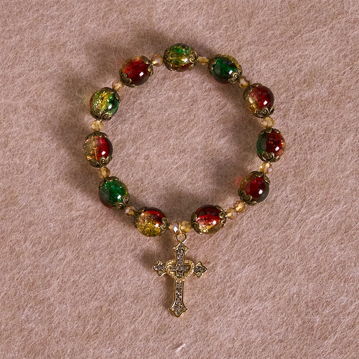 Christmas Glory Red-Green-Gold Glass Bead Bracelet