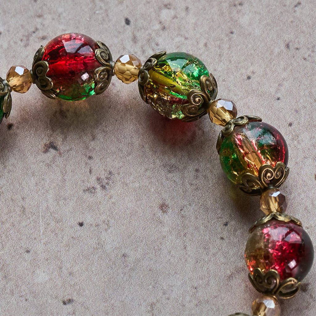 Christmas Glory Red-Green-Gold Glass Bead Bracelet