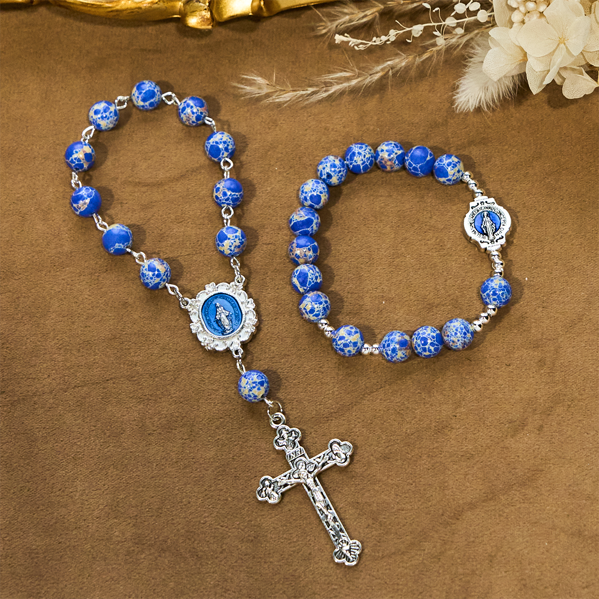 Royal Blue-Tone Stone Beads One Decade Rosary, Bracelet
