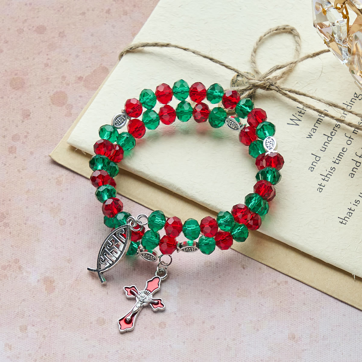 Faith Red & Green Memory Wire Rosary Bracelet with JESUS Fish