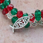 Faith Red & Green Memory Wire Rosary Bracelet with JESUS Fish