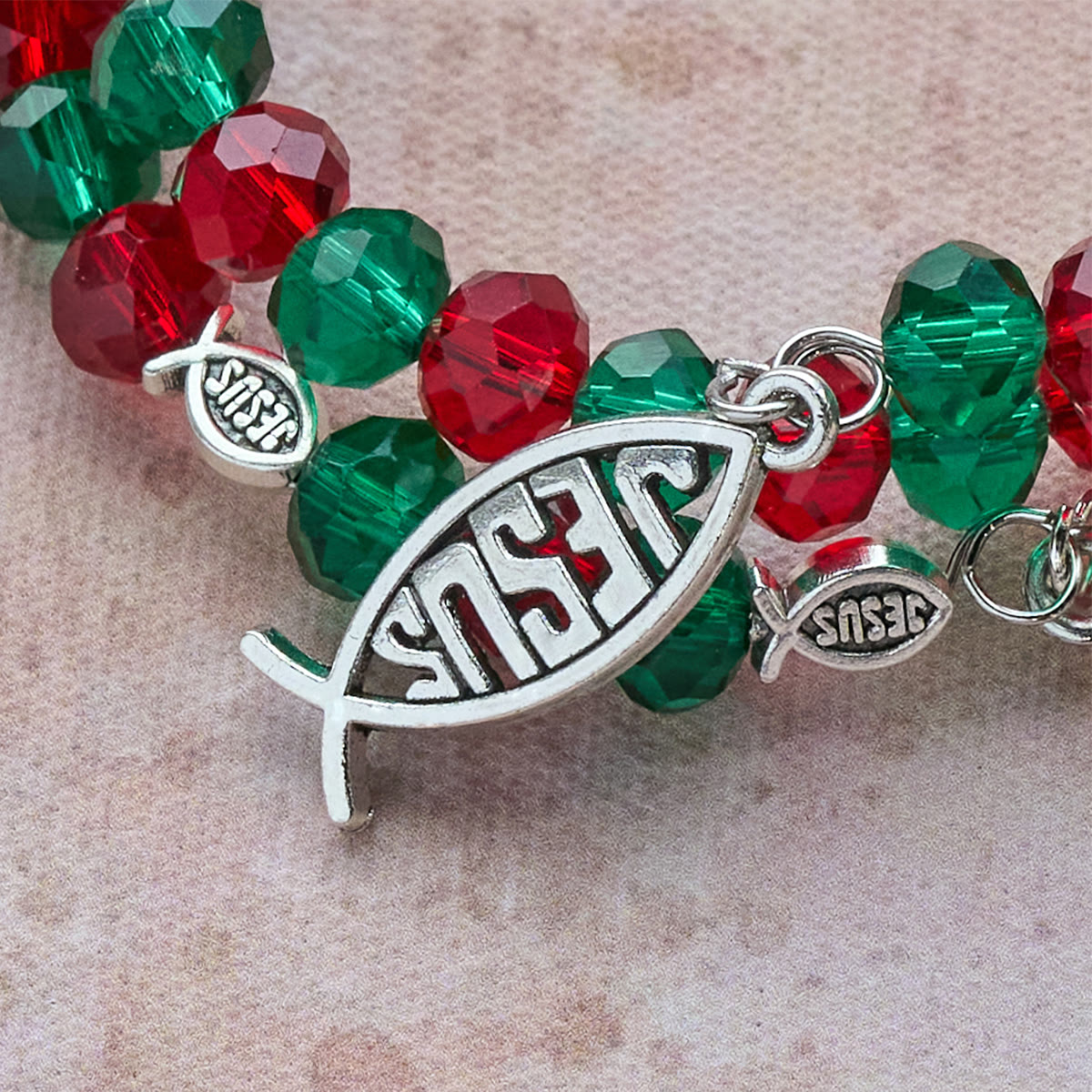 Faith Red & Green Memory Wire Rosary Bracelet with JESUS Fish