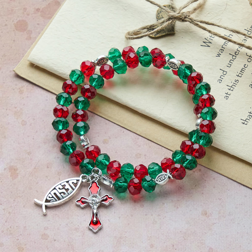 Faith Red & Green Memory Wire Rosary Bracelet with JESUS Fish