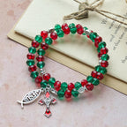 Faith Red & Green Memory Wire Rosary Bracelet with JESUS Fish