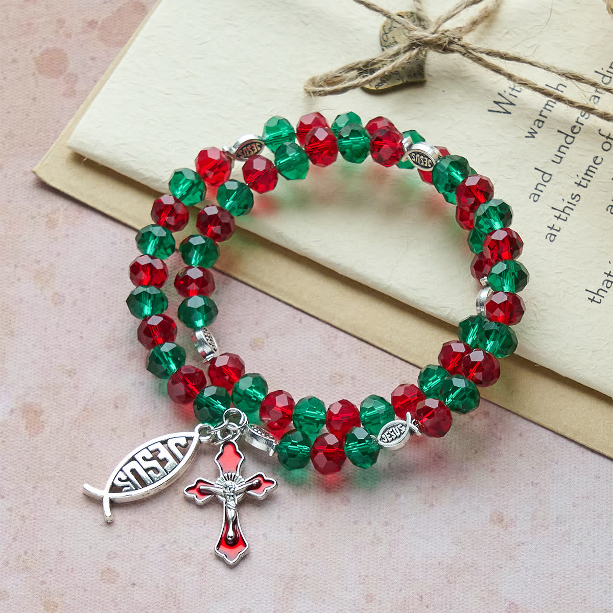 Faith Red & Green Memory Wire Rosary Bracelet with JESUS Fish