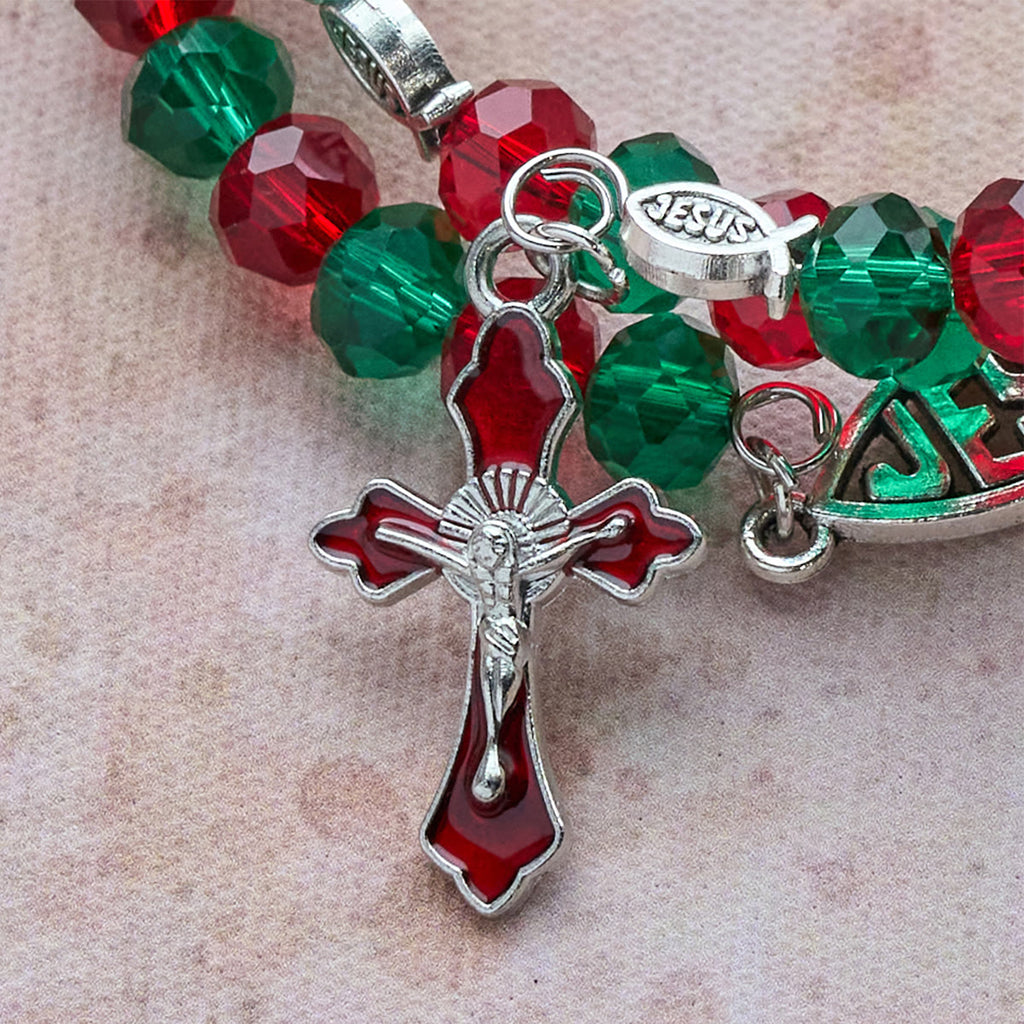 Faith Red & Green Memory Wire Rosary Bracelet with JESUS Fish
