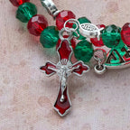 Faith Red & Green Memory Wire Rosary Bracelet with JESUS Fish