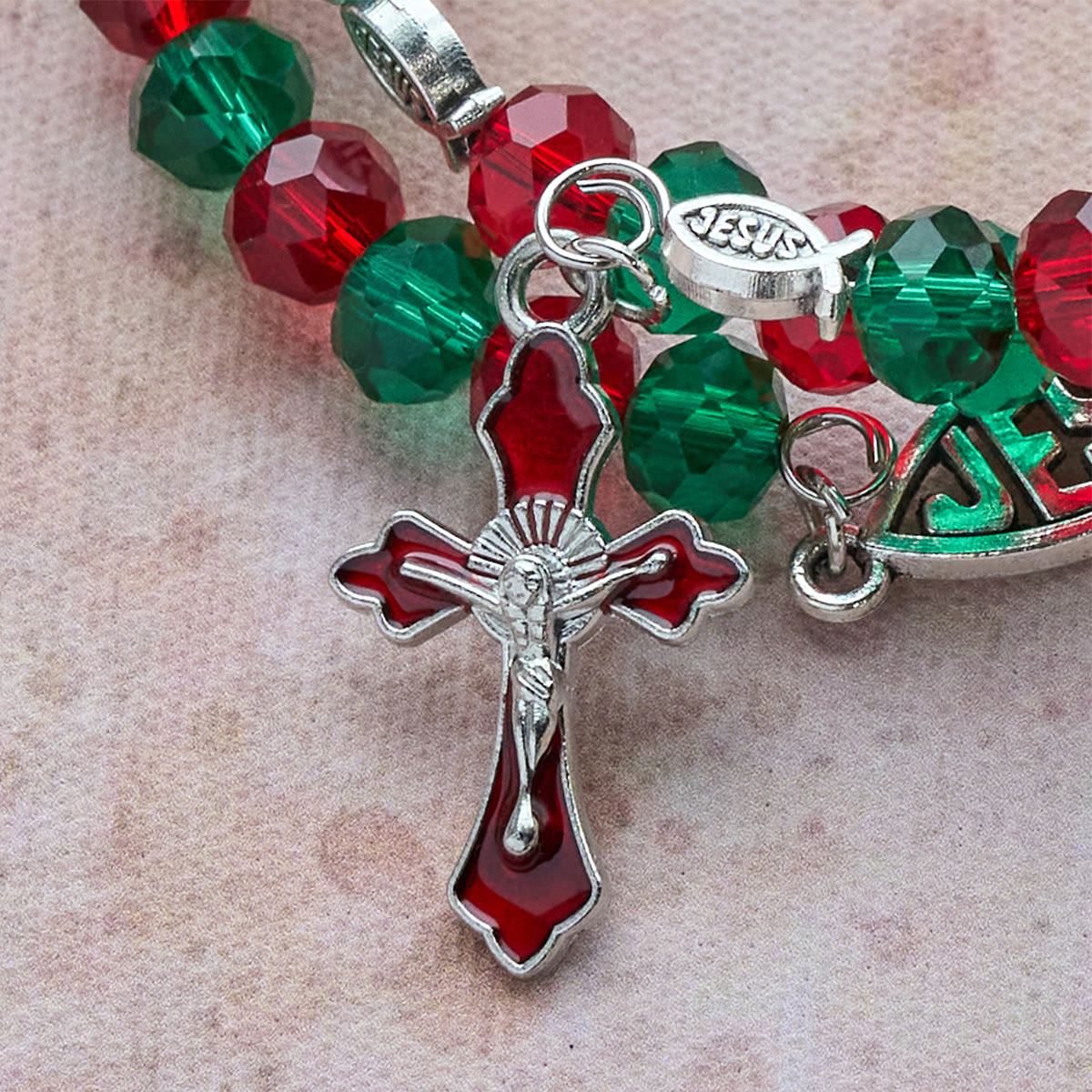 Faith Red & Green Memory Wire Rosary Bracelet with JESUS Fish