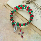 Faith Red & Green Memory Wire Rosary Bracelet with JESUS Fish