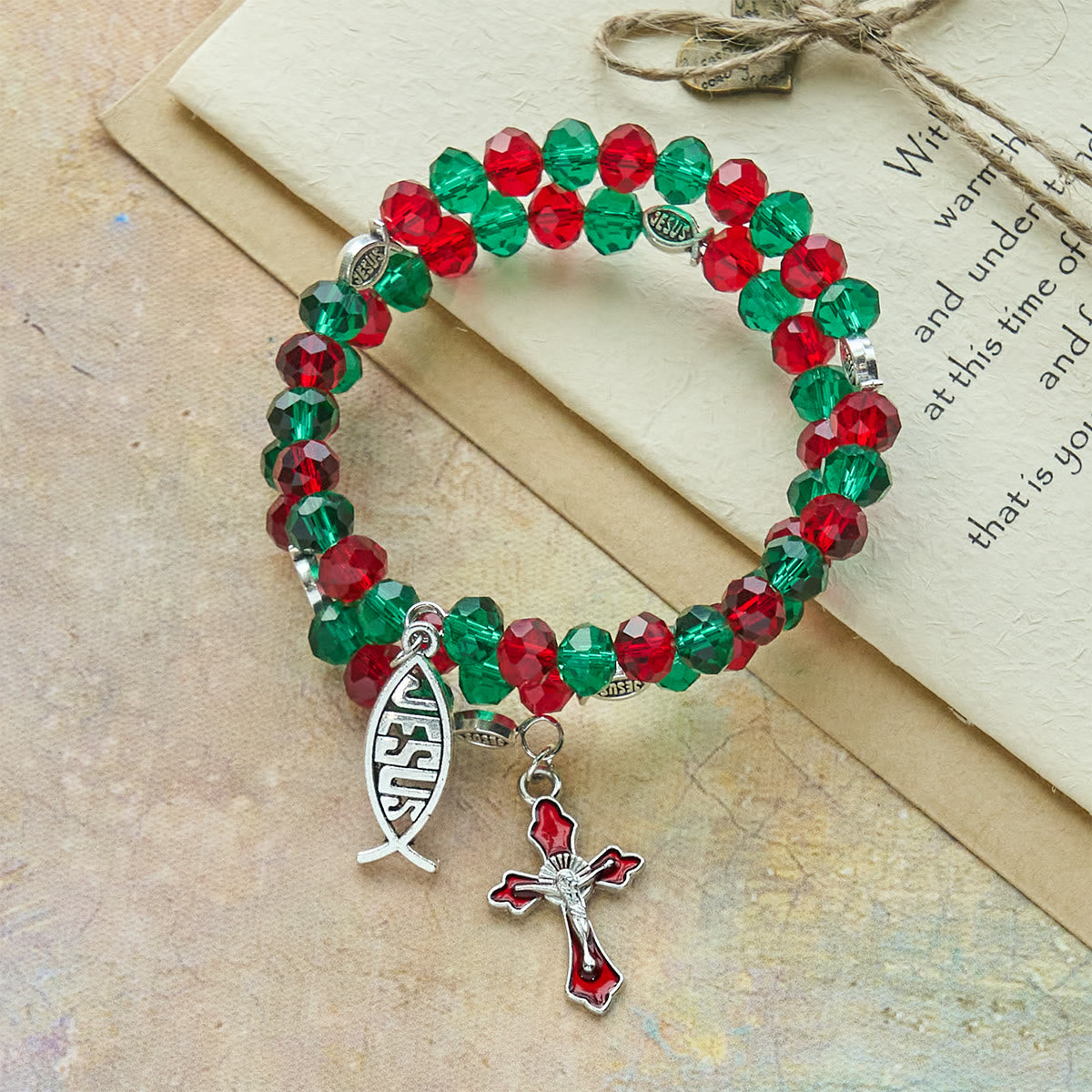 Faith Red & Green Memory Wire Rosary Bracelet with JESUS Fish