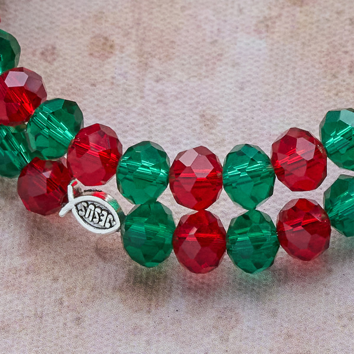 Faith Red & Green Memory Wire Rosary Bracelet with JESUS Fish