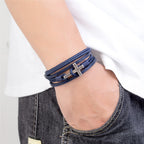 Tri-Color Stainless Steel Cross & Braided Leather Fashion Bracelet