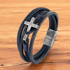 Tri-Color Stainless Steel Cross & Braided Leather Fashion Bracelet