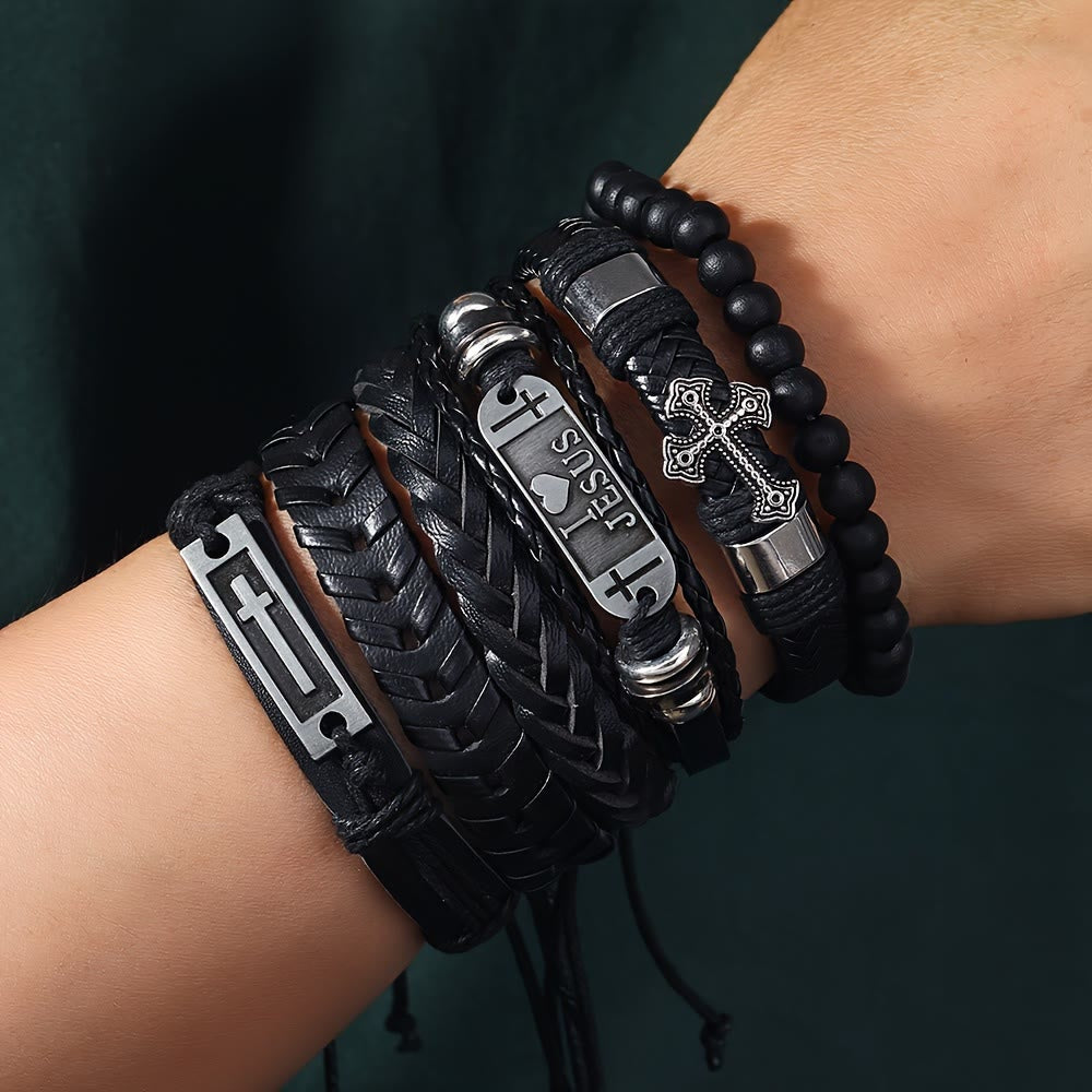 Faith-Driven Leather Bracelet Set of 6