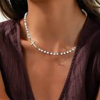 White Beads with Cross Necklace