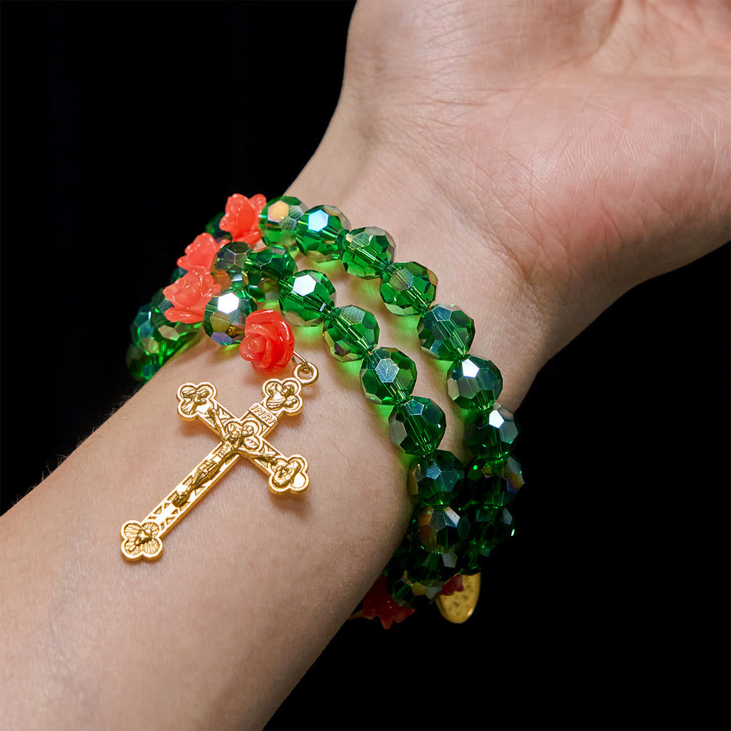 Green Crystal & Rose Rosary Bracelet