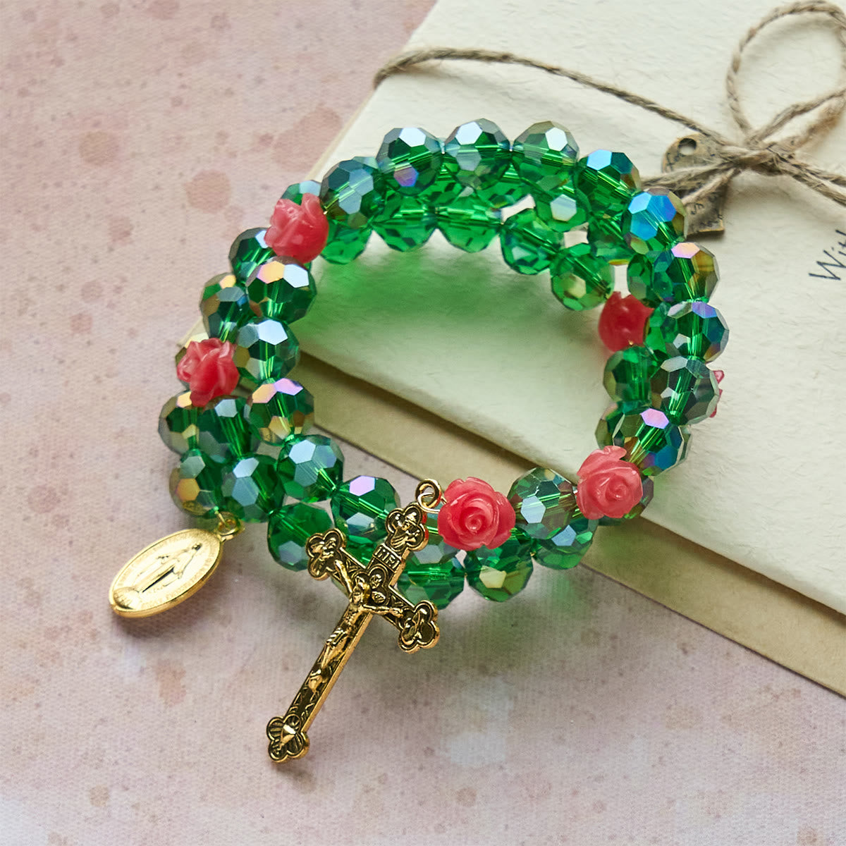 Green Crystal & Rose Rosary Bracelet