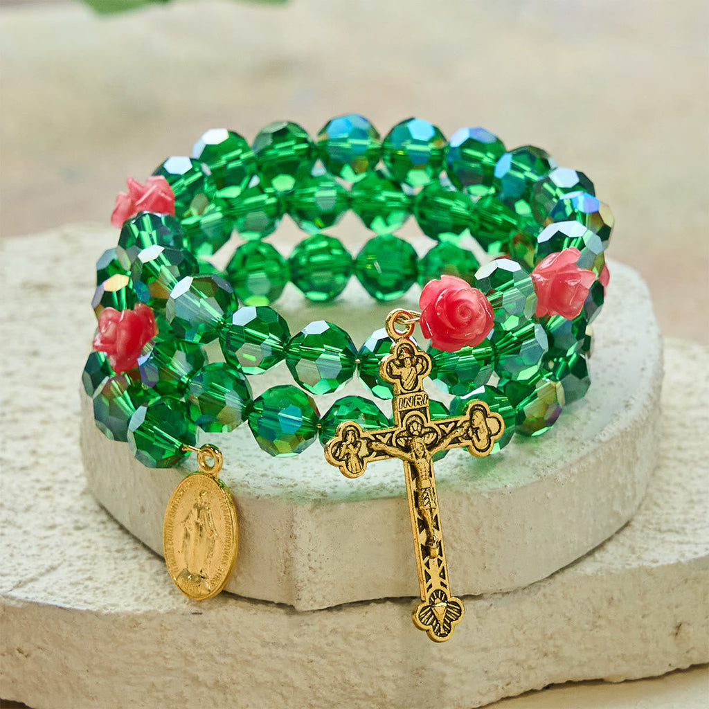 Green Crystal & Rose Rosary Bracelet