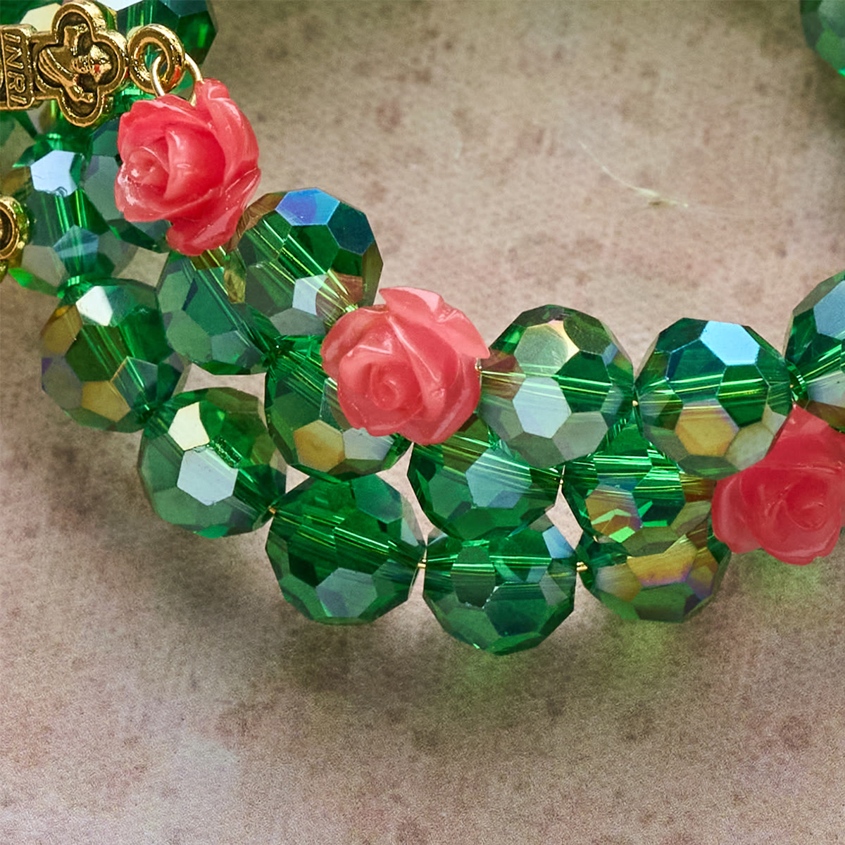 Green Crystal & Rose Rosary Bracelet