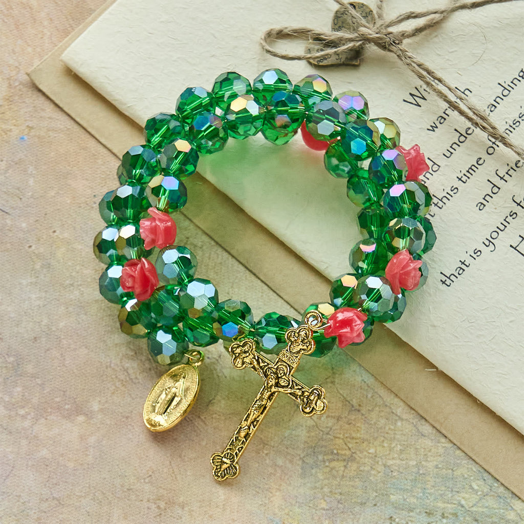 Green Crystal & Rose Rosary Bracelet