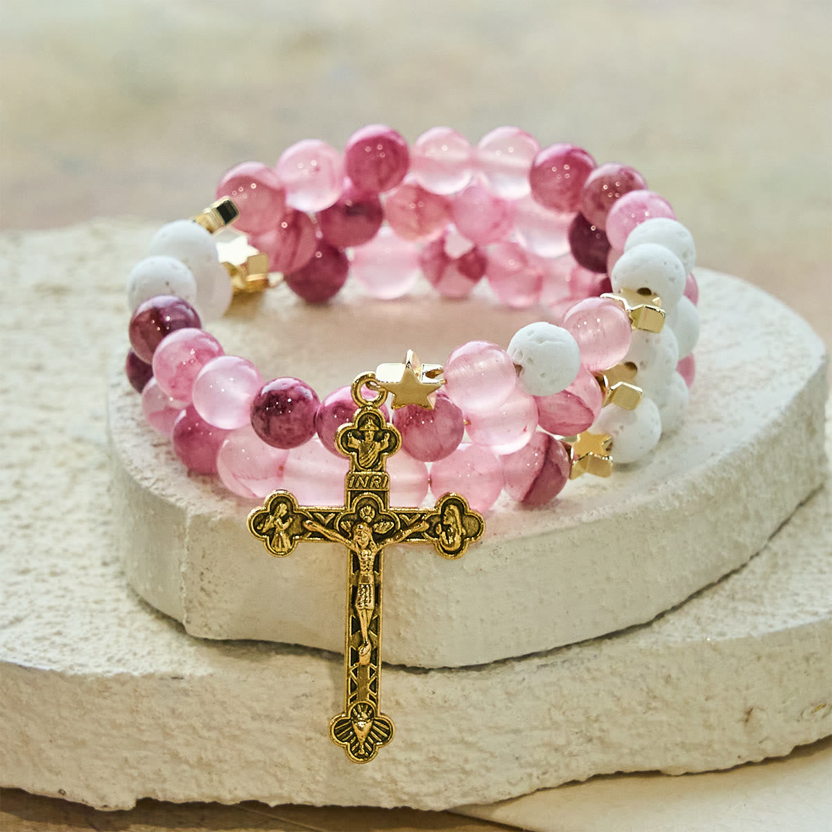 Gypsum & Rose Red Agate Rosary Bracelet
