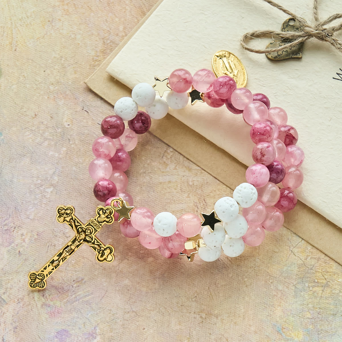 Gypsum & Rose Red Agate Rosary Bracelet