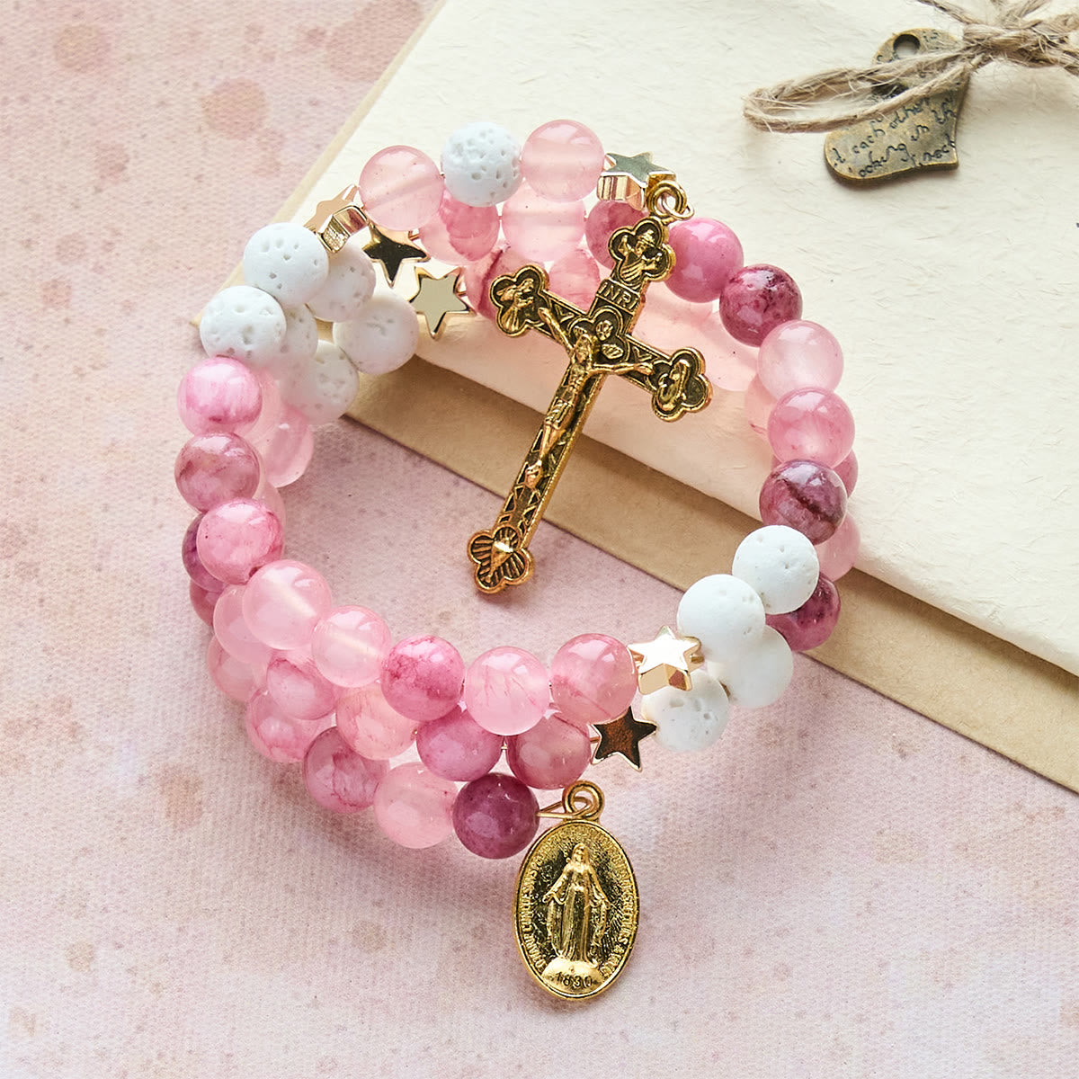 Gypsum & Rose Red Agate Rosary Bracelet