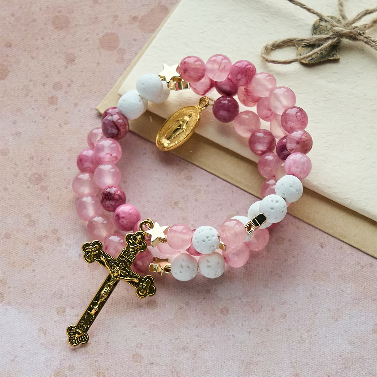 Gypsum & Rose Red Agate Rosary Bracelet