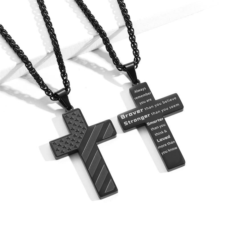 Tri-Color Cross Necklace with American Flag & Scripture