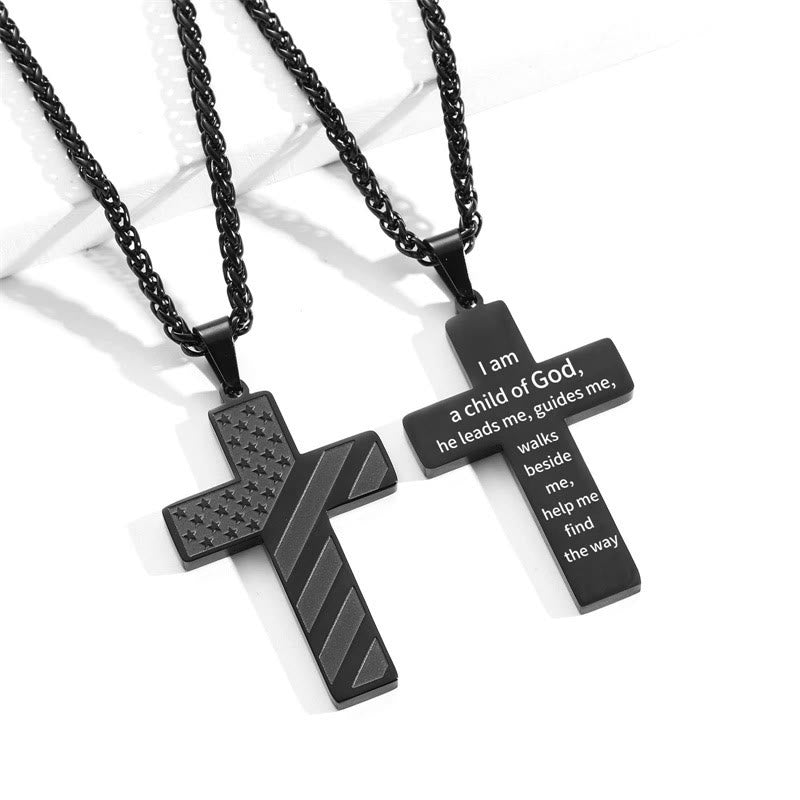 Tri-Color Cross Necklace with American Flag & Scripture