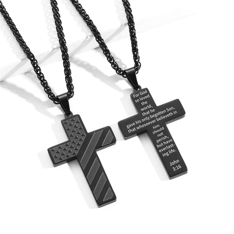 Tri-Color Cross Necklace with American Flag & Scripture